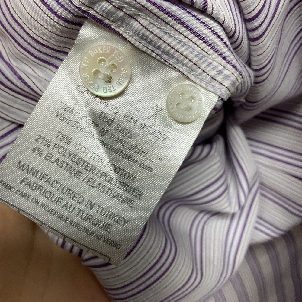 Men's Ted Baker Shirt Sz 5 White Purple Striped Button Up Long Sleeve 10/12-XL - Picture 6 of 10
